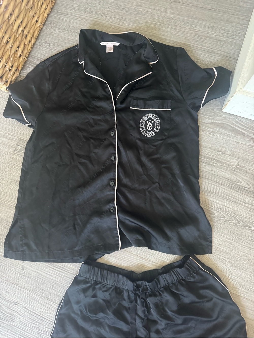 Victoria's Secret Black Satin Short Sleeve Pajama Set with White Piping